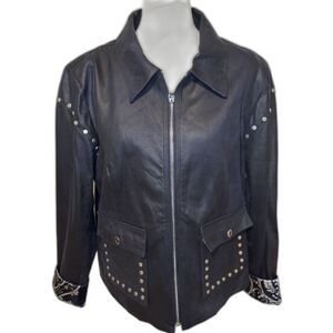 Insight New York Studded Navy Blue Vegan Leather Moto Jacket Womens Designer